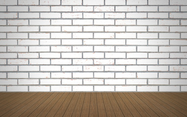 Perspective wood over white brick wall background, room, table, interior design, product display montage, vintage style