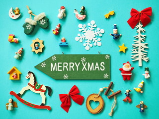 Christmas collection: gifts and decorative ornaments on blue background