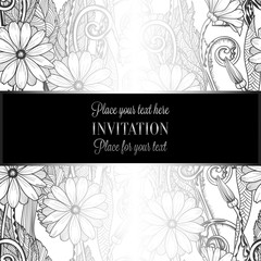 Abstract background with flowers, luxury black and silver vintage tracery made of daisy flowers, damask floral wallpaper ornaments, invitation card, baroque style booklet, fashion pattern