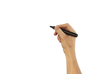 Man hand write something with marker on transparent glass, isolated on white background