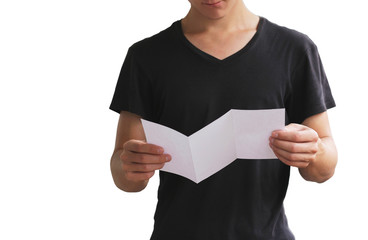 Man reading blank white flyer brochure booklet. Leaflet presentation. Pamphlet hold hands. Man show...