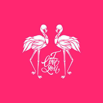 Two pink flamingos in love, logo, decorative silhouette, vector illustration