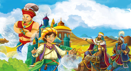 Cartoon scene with prince or magician looking at travelers on camels in the background - sorcerer is flying over the city - illustration for children