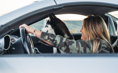 blonde girl with her dog inside the car