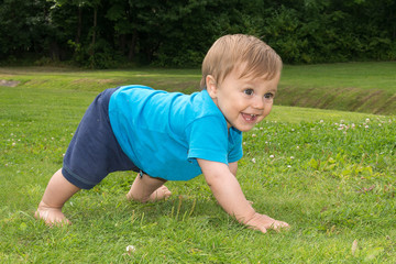 Fototapeta na wymiar The boy is sitting on the grass and playing
