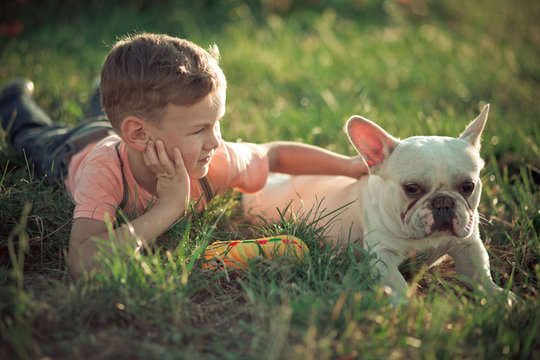 Lovely scene of friendship between handsome boy kid and bull dog doggy posing together in summer central park on green fresh grass wearing stylish clothes