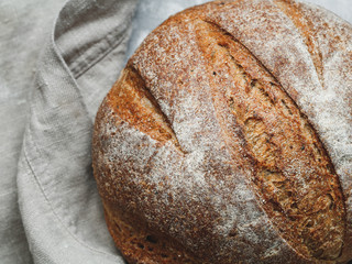 Top view of fresh rye bread on a linen towel