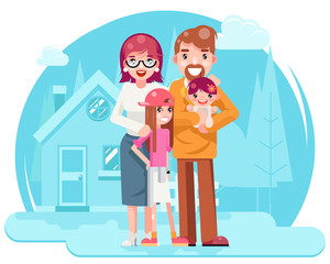 Cute Happy Young Family Mother Father Daughter with New House Real Estate Retro Flat Design Concept Template Vector Illustration