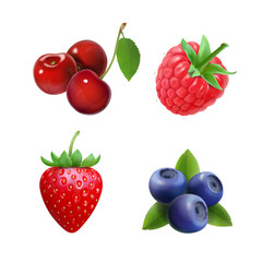 Realistic berry set. Strawberry, raspberry, blueberries, cherry illustration.