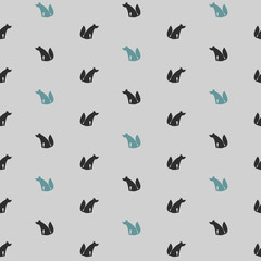 Seamless Pattern with Cute Small Grey and Green Sitting Wolfs on White Background suitable for example for textile printing or wrapping paper