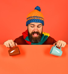 Caffeinated beverages idea. Hipster with beard and playful face