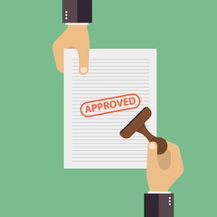 Businessman hand hold travel approved document. Visa Stamp Passport. Flat vector Illustration.