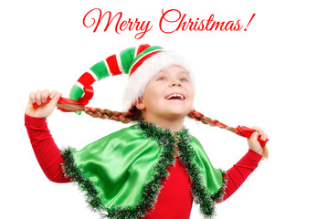 Girl in suit of Christmas elf over white