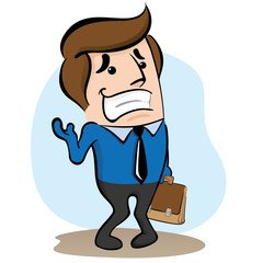 Illustration of a blue mascot manager, embarrassed, shy and introverted. Ideal for training, internal and institutional matters