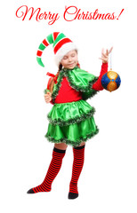 Santa's elf with a Christmas ball over white