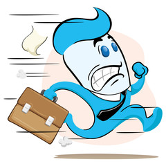 Illustration of a blue office executive mascot, running with a briefcase in hand fleeing or delaying. Ideal for training, internal and institutional matters