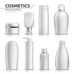 Realistic Cosmetic bottles mock up set on white background. Blank templates of empty and clean white plastic containers. Vector packaging tubes collections - obrazy, fototapety, plakaty