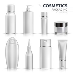 Realistic Cosmetic bottles mock up set on white background. Blank templates of empty and clean white plastic containers. Vector packaging tubes collections