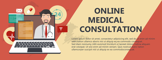 On line medical consultation. Emergency help service. Doctor on call. Flat vector illustration