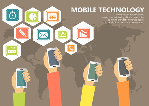Mobile technology and applications concept. Hands with phones and application icons. Flat vector illustration.