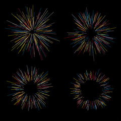 Colorful fireworks Radiating from the center of thin beams, lines. Dynamic style. Abstract explosion, speed motion