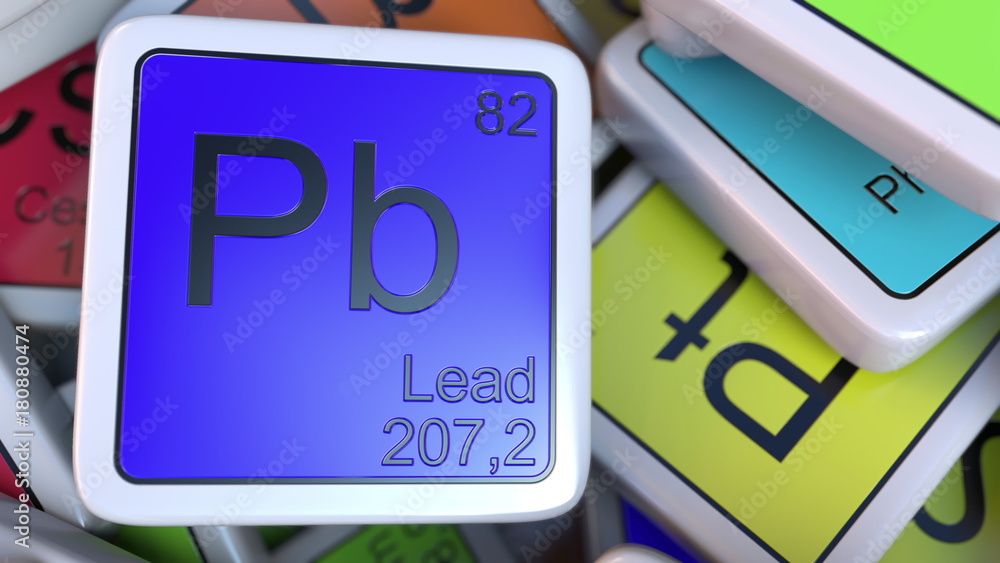 Poster lead pb block on the pile of periodic table of the chemical elements blocks. 3d rendering