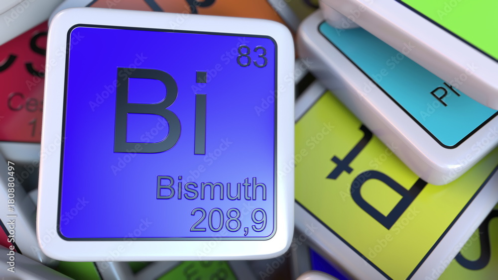Poster bismuth bi block on the pile of periodic table of the chemical elements blocks. 3d rendering