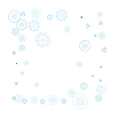 Snowflakes Confetti. Christmas or New Year Festive Celebration Background. Flying or Falling Blue Snowflakes Confetti on White Falling Snow Background, Winter Mood, Frost Ice Weather. Cold Snow Frame