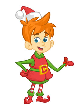 Vector illustration of Christmas boy elf cartoon. Cute Happy Dwarf Santa Helper Presenting
