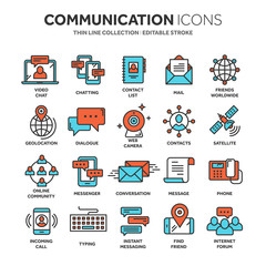 Communication. Social media. Online chatting. Phone call, app messenger. Mobile,smartphone. Computing.Email. Thin line blue web icon set. Outline icons collection. Vector illustration.