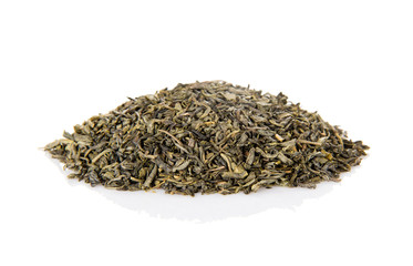 Fragrant pile of dry green tea isolated on white