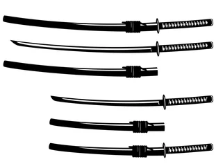 Fotobehang katana and wakizashi swords - black and white vector design set of traditional Japanese weapon © Cattallina
