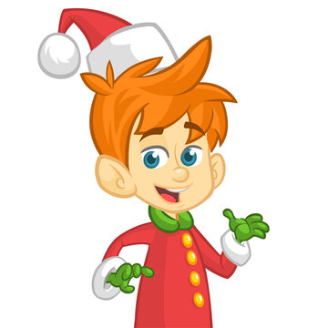 Cute cartoon little boy Santa helper elf stand on white background isolated. Christmas chracter presenting