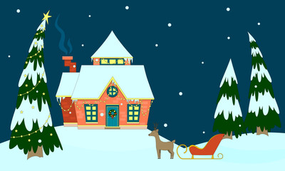 Fototapeta premium House of Santa Claus. Forest landscape with a deer and sleigh. Flat design. Vector illustration