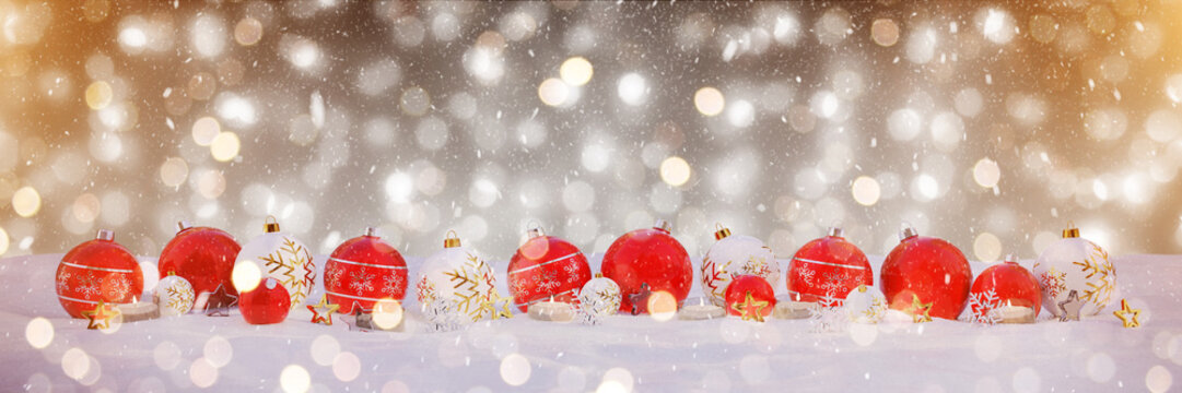 Red and white christmas baubles with candles 3D rendering