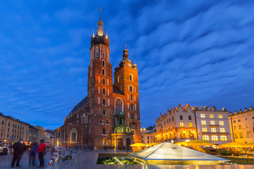 St. Mary Basilica in Krakow at nigh, Poland