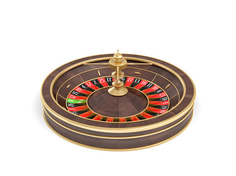 3d rendering of a wooden casino roulette with golden decorations standing in front view on a white background.