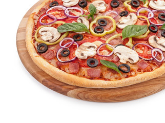 Italian delicious pizza with mushrooms and ham isolated.