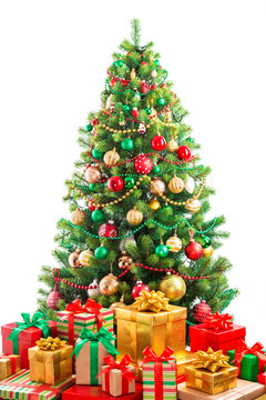 Christmas fir-tree and many boxes with gifts isolated on white background