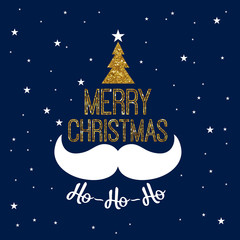 Merry Christmas snowbound blue background with Gold Christmas tree and Moustache.