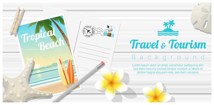 Travel and tourism background with tropical beach postcards on wooden board , vector , illustration