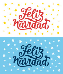 Feliz Navidad spanish Merry Christmas calligraphy text on retro style flat greeting cards set. Lettering for season greetings. Vector background