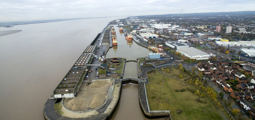 Alexandra Dock, old fish dock, kingston upon Hull, fishing trade, aerial view 