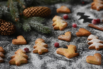Fototapeta na wymiar Homemade simple figurine cookies for the New Year and Christmas holiday against a dark background. branches of spruce, the atmosphere of preparation for the holiday and home comfort. 