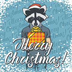 Vector illustration of raccoon on Christmas with gift