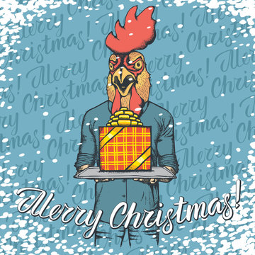 Vector illustration of cock on Christmas with gift