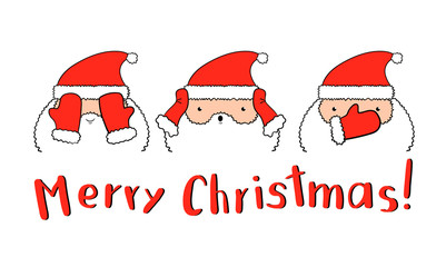 Funny Santa Claus in vector. Three Santa closing mittens eyes, ears and mouth.