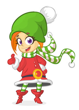 Happy Cartoon Smiling Blonde Girl Christmas Santa's Elf. Vector illustration isolated on white