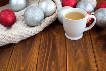 Christmas tree toys on a wooden table. Preparation for the New Year
