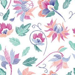 Floral seamless background pattern with fantasy flowers and leaves Line art. Embroidery flowers. Vector illustration.